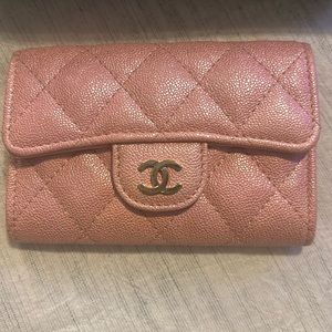 Authentic pink iridiscent Chanel Flap Card Holder